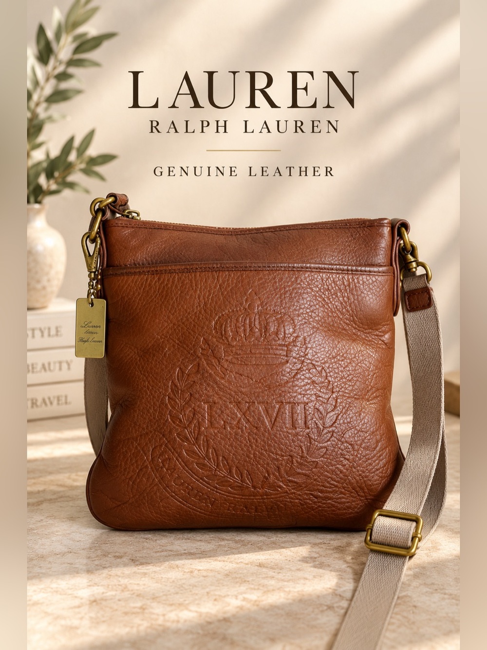 Lauren Ralph Lauren Brown Leather Embossed Crest Crossbody Bag